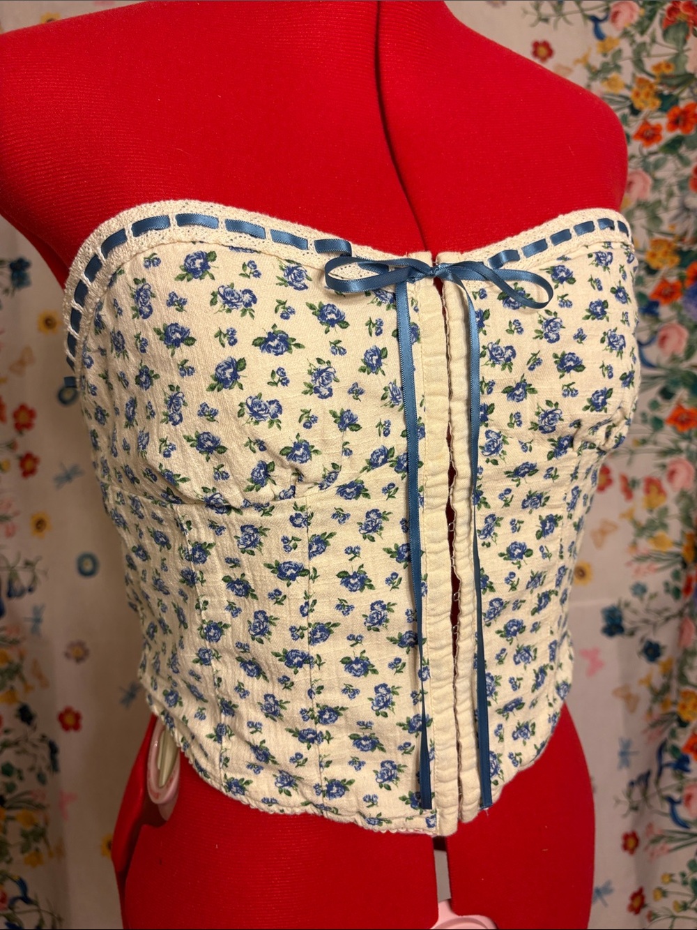American Threads - Cream and Blue Rosette Top with Satin Ribbon Detail